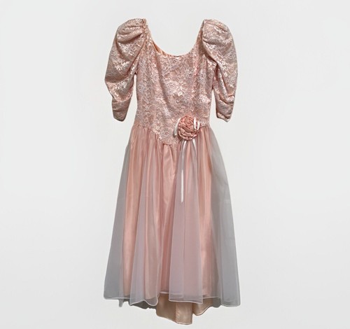 80-s Gunne Sax Style Union Made Pink Lace Satin Dress Puffy Sleeves Barbie Core - Picture 9 of 17