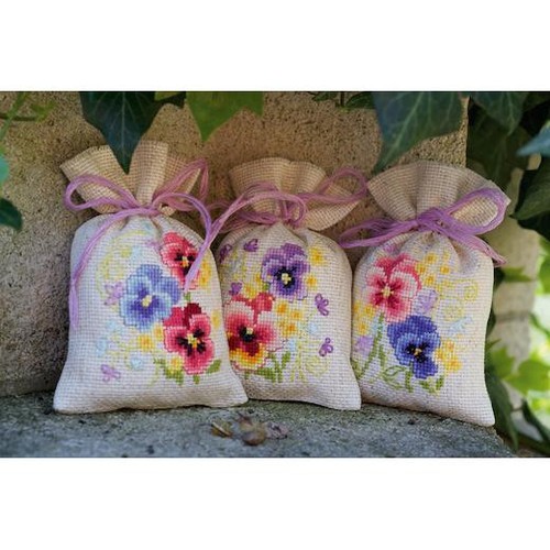 Vervaco Counted Cross Stitch Gift Bags Kit - Violets Set of 3 - Picture 2 of 2