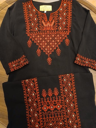 Traditional Jordanian Thobe Abaya Black Orange Embroidery Made In Jordan Size S