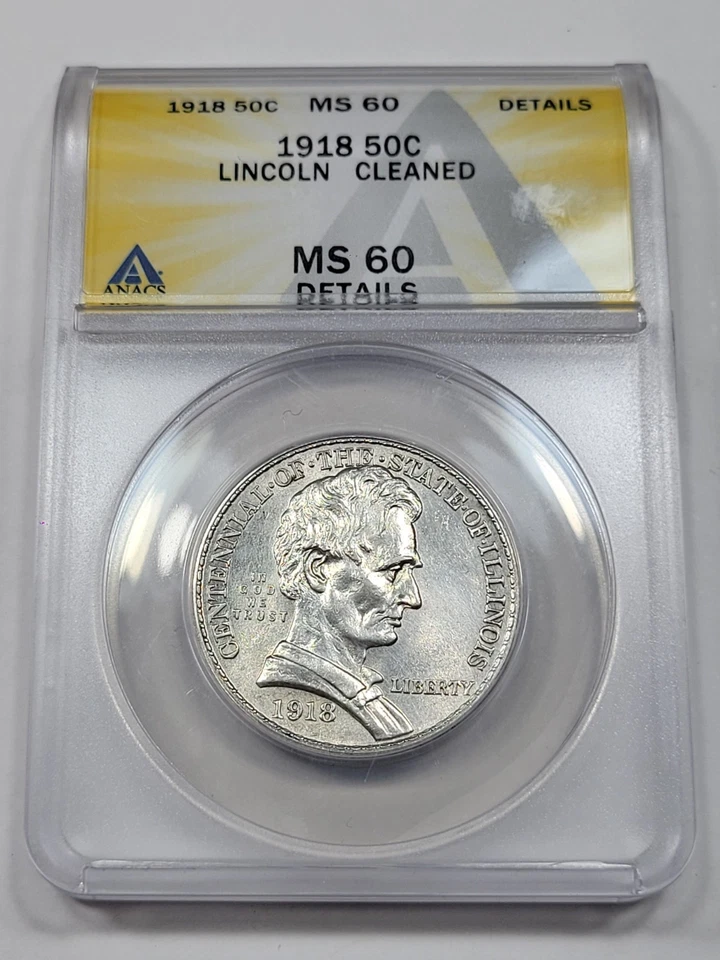 1918 50c Lincoln Commemorative Half Dollar ANACS MS60 Details Cleaned *K1019 - Image 2 of 3