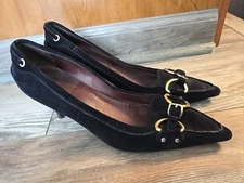 The Original Car Shoe Suede Kitten Heel Pumps Pointed Toe Buckle Black Sz  37