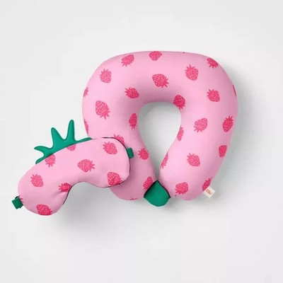 CAT AND JACK KIDS' NECK PILLOW AND EYE MASK SET STRAWBERRY - PINK