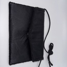 Black Satin Evening Bag Purse Long Braided Strap Beaded Outline