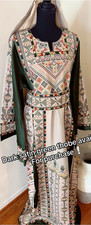Dark Satin Green Women's Thobe Traditional Satin Embroidered White Multicolor