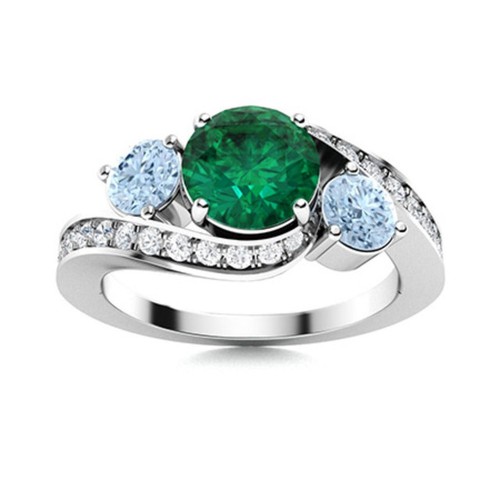 925 Sterling Silver 5MM Round Shape Emerald & Aquamarine Three Stone Women Ring