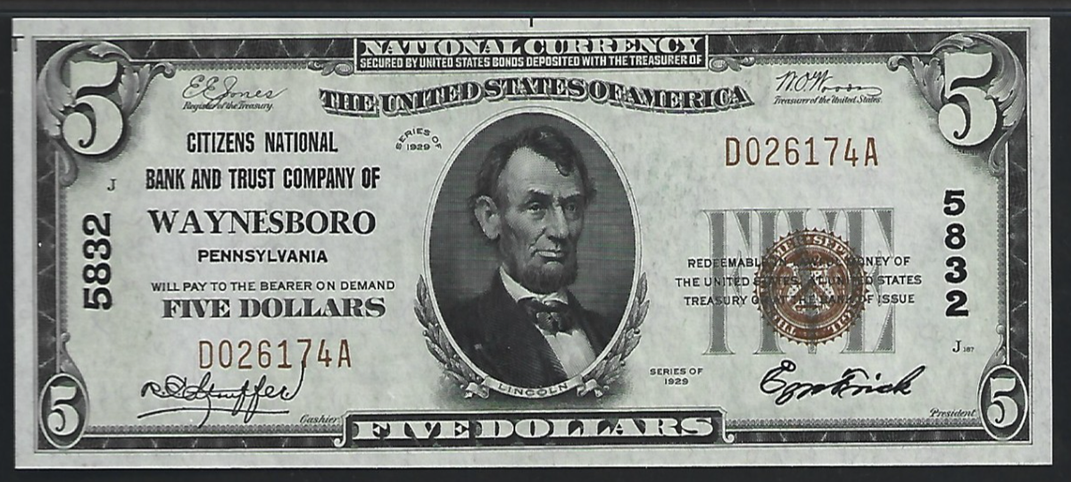 1929年 5ドル国立銀行券 Fr-1800 Ty.1 CH#5832 ウェインズボロ