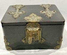 Antique Victorian Ebonised wooden Stationary Box Gothic pierced brass escutcheon