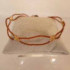 Vintage Boho Double Strand Beaded Anklet 925 Clasp Amber Champagne Colors 9 in.