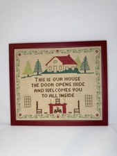 Vintage Framed Cross Stitch  This Is Our House  Welcome  w/ Trees - Cottagecore