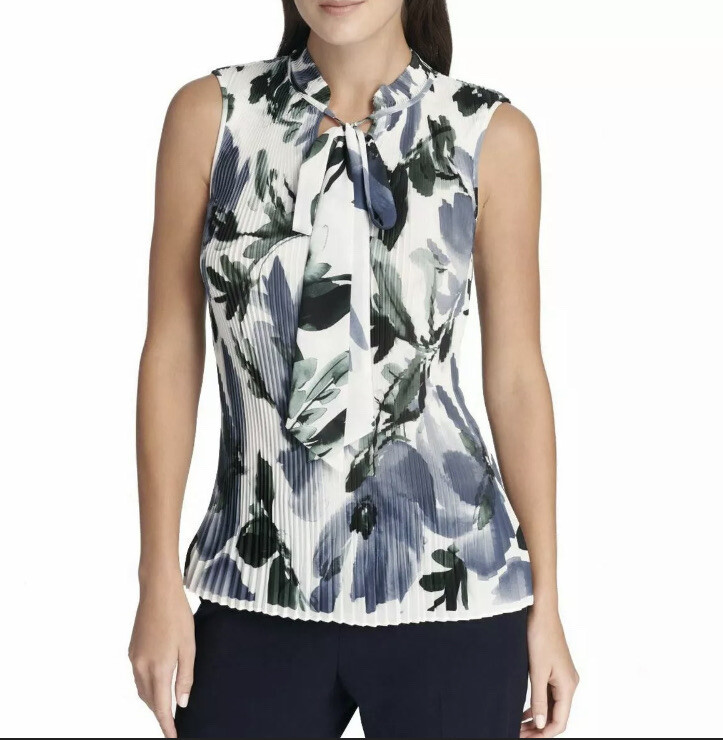 DKNY Womens White Floral Pleated Tie 