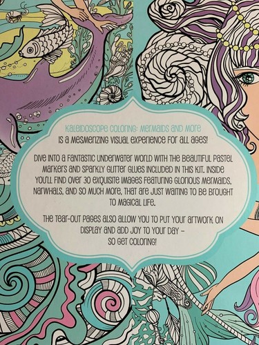 KALEIDOSCOPE COLORING MERMAIDS BOOK KIT NIB WITH MARKERS & GLITTER GLUE! MERMAID - Imagen 7 de 7