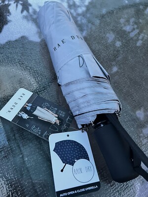 Rae Dunn Umbrella RAIN. DRY. Grey Black Auto Open Wide Hook Loop Closure NWT