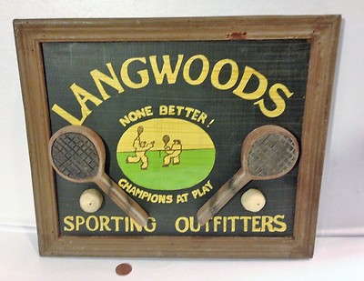 英国 イギリス アンティーク テニス langwood ボード 看板　オブジェ Unique PAINTED SIGN ON WOOD with Wood Frame~Langwoods Sporting~13