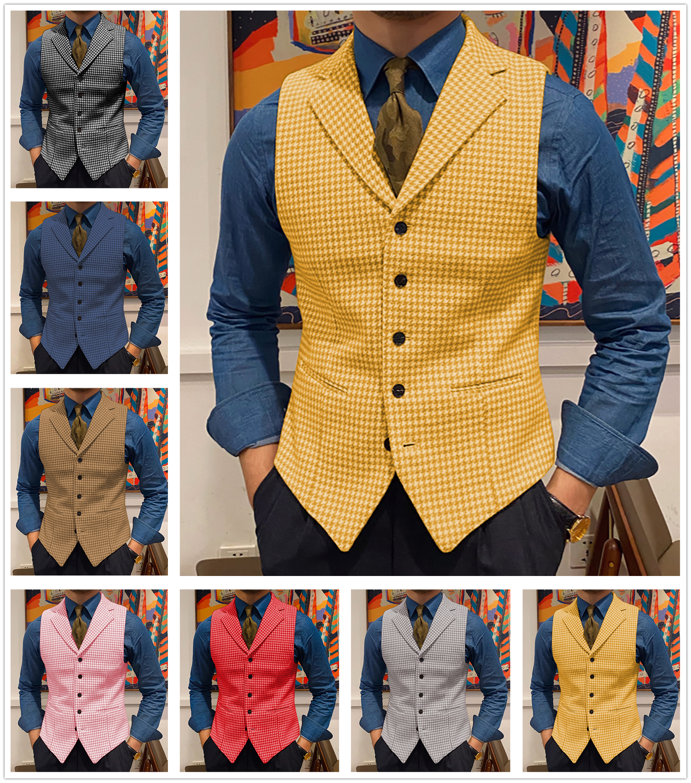 Mens Houndstooth Waistcoat Tweed Retro Notch Lapel Vintage Vest