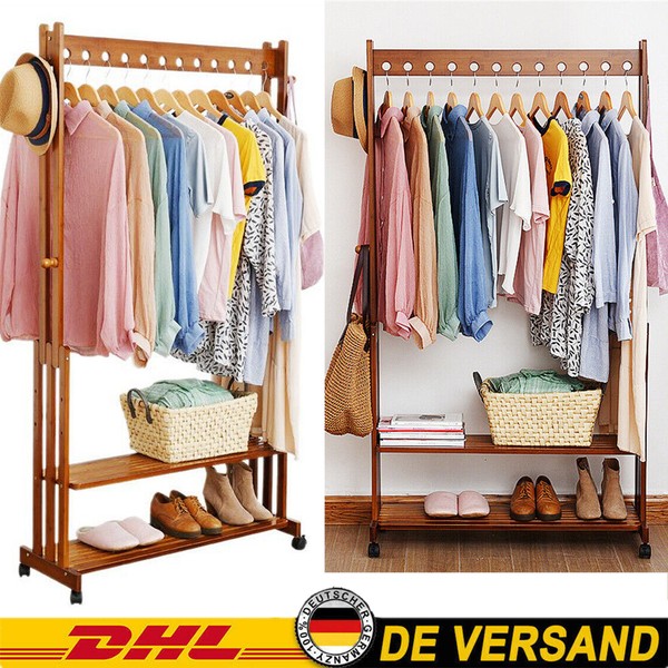 Rollen GarderobenstäNder KleiderstäNder Holz Kleiderwagen Mobile Garderobe Xxl-image