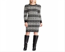 NEW LAUREN RALPH LAUREN BLACK WHITE WOOL EMBELLISHED NECK SWEATER DRESS SIZE M