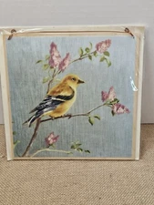 Pair Barbara Hinchey Mixed Media Bird Pictures Wood Mounted Fabric Goldfinch