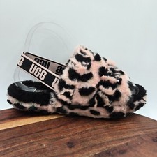 UGG Fluff Yeah Sandals Youth Girls 6 Pink Black Spotted Shearling Slipper Slide