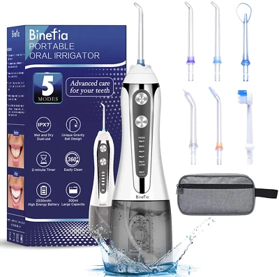 Water Flosser for Teeth Cordless with 5 Modes, Binefia 360? Rotation Oral IPX7 &