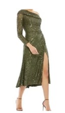 Mac Duggal Olive Green Sequin One-Shoulder Side Slit Midi Dress Size 14 $398