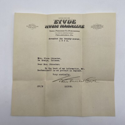 Antique 1926 Etude Magazine Editor James Francis Cooke Signed Letter