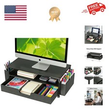 Stylish Black 2-Tier Monitor Stand with Drawer  Pen Holders - Supports 45lbs