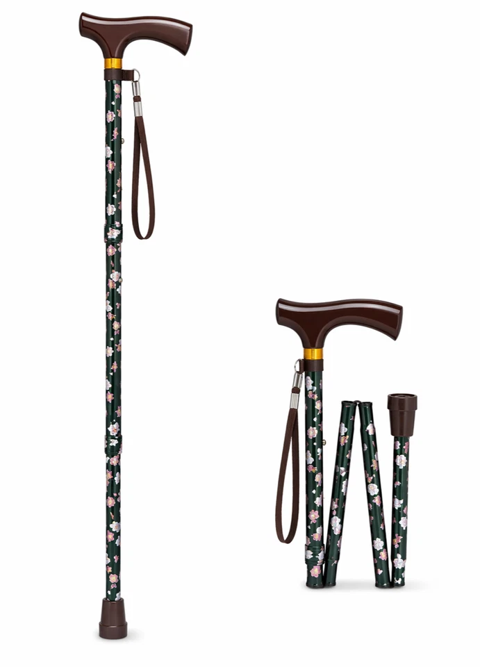 Russka Gehstock faltbar verstellbar Griff aus Holz Gehhilfe Blumen Spazierstock - Bild 1 von 1