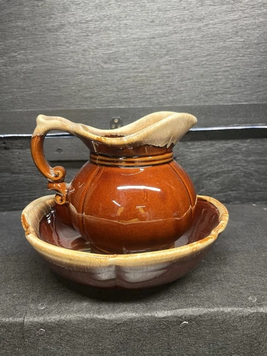 Vintage Mid Century Modern McCoy Pottery Bowl & Pitcher 7528 Brown Drip Glaze