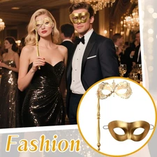 2pcs Couple Venetian Metal Masquerade Mask with Grip Stick for Carnival Costumes