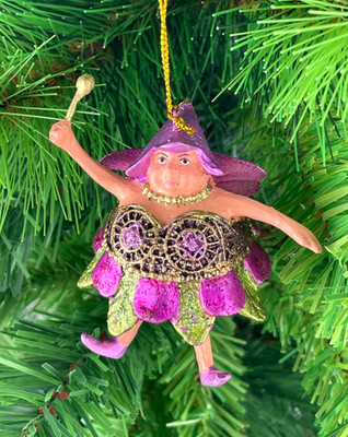 Pummelelfe Baumschmuck Elfe mini Fee/ Fee lila-grün-gold mit Zauberstab Deko 8cm