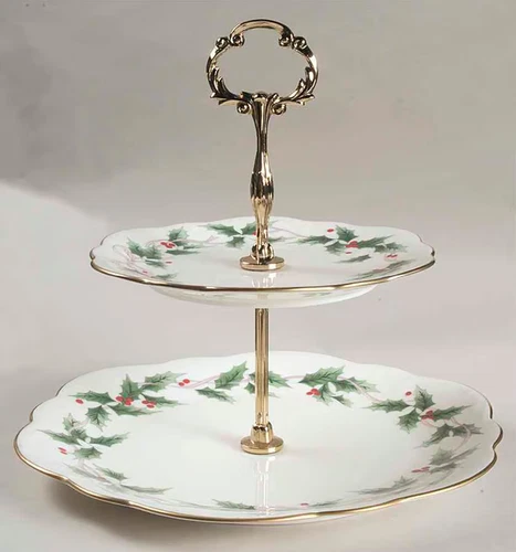 Mikasa Ribbon Holly Two-Tiered Tidbit Server Tray Berries Gold Holiday Christmas