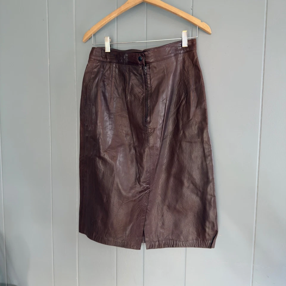 Vintage brown genuine leather midi pencil skirt high waisted 90s dark academia - Image 4 of 4