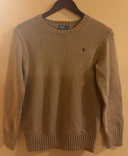 Polo Ralph Lauren Boys Tan Crew Neck Knit Sweater Logo Elbow Patch M 10-12
