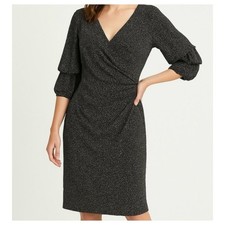 RALPH LAUREN Dress Faux Wrap V-neck Ruching 3/4 Sleeves Polka Dot WHTBLK 14