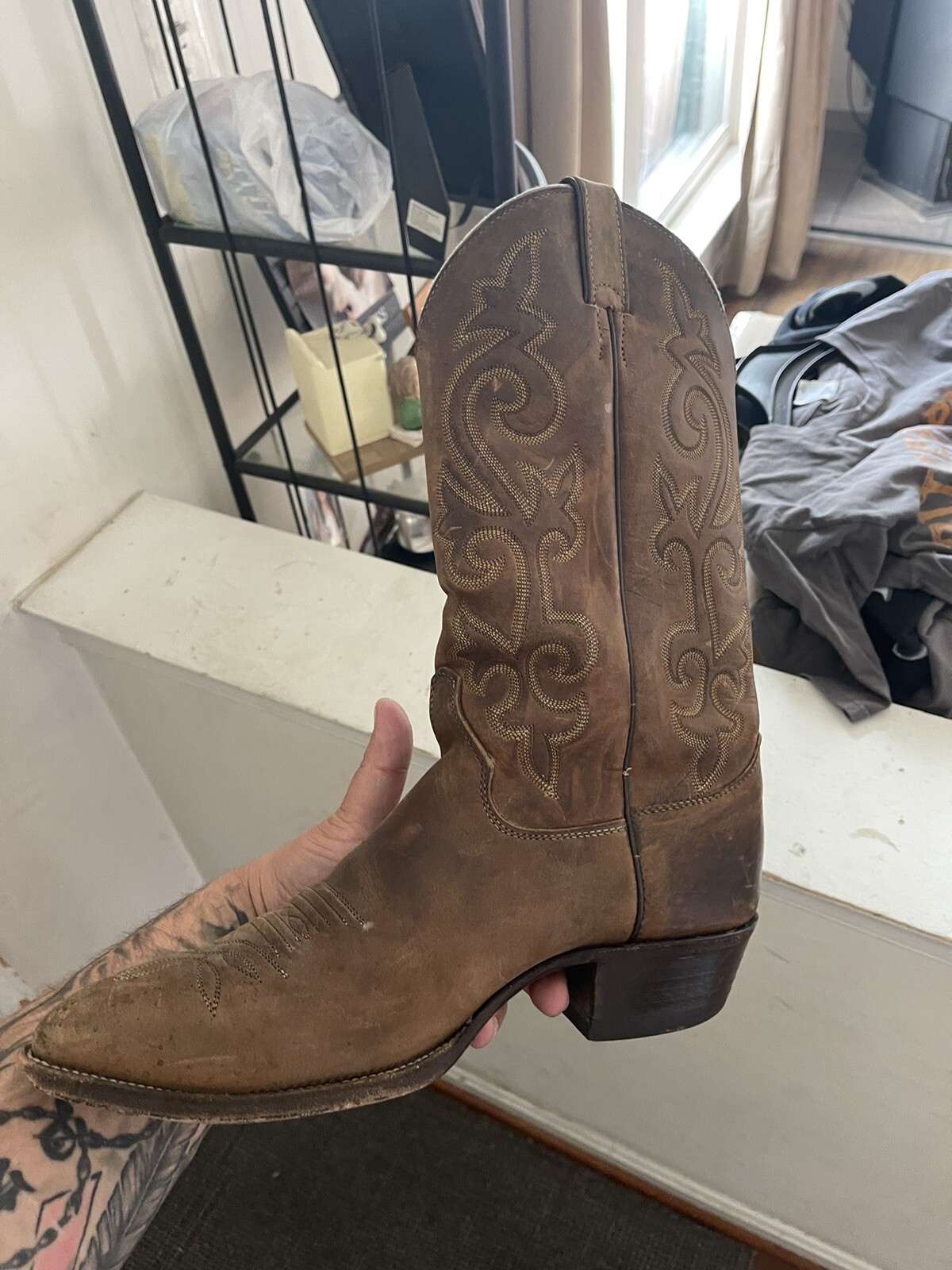 Justin Cowboy Boots Leather Style 2551 Embroidered Men’s Brown Size 10D