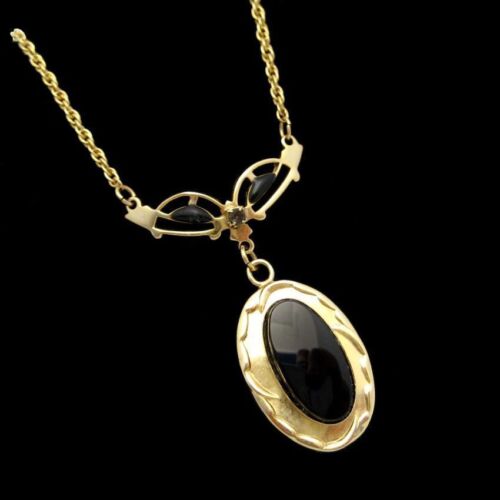 Vintage Victorian Revival Pendant Necklace Black Oval Faux Onyx Stone Elegant - Picture 1 of 5