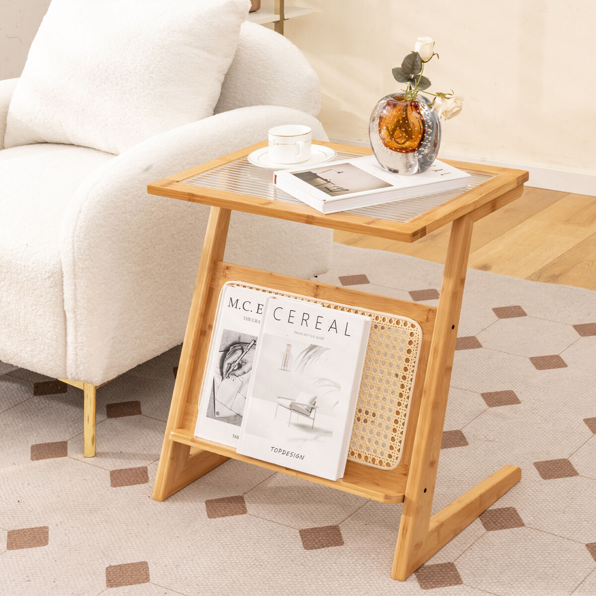 Z-shaped End Table Glass Top Bamboo Side Table w/ Rattan Z-shaped End Table Glass Top Bamboo Side Table w/ Rattan