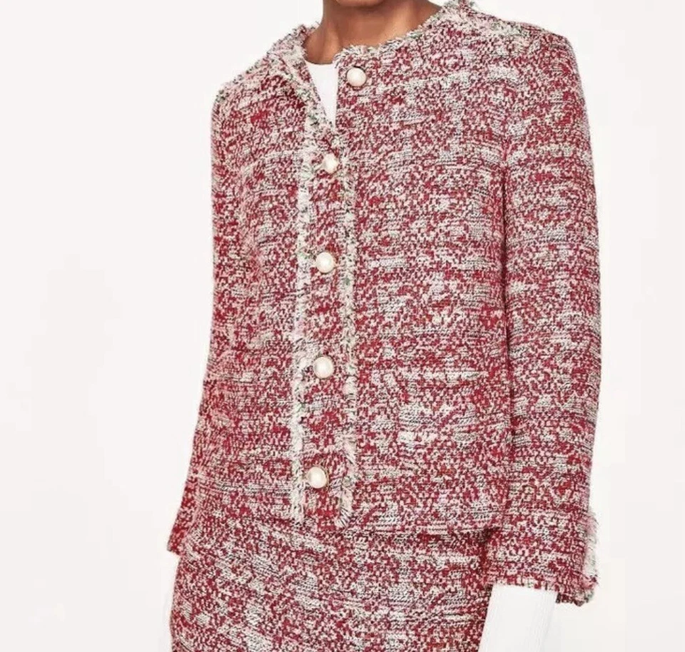 ZARA Red Tweed Textured Weave Frayed Blazer Jacket Size S /Mini Skirt Size M Set - Image 4 of 4