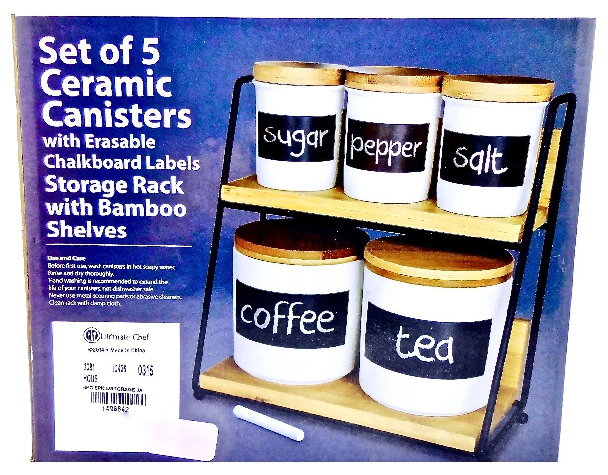 Ceramic Canisters,StorageRack,Bamboo Shelves,5 Canisters,White,Labels,Bamboo Lid