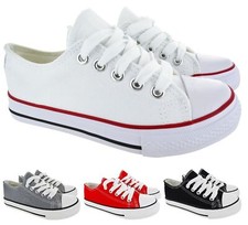 KIDS GIRLS BOYS CASUAL FLAT CANVAS LACE UP PUMPS PLIMSOLLS TRAINERS SHOES SIZE