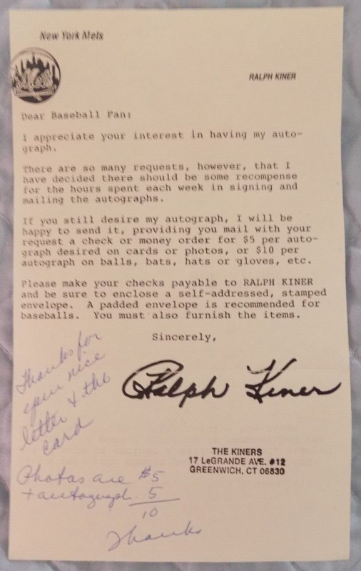 Ralph Kiner New York Mets Facsimile Autographed Letter w/Wife writing message