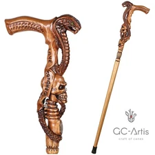 Snake Cobra Mamba & Skull Head Wooden Carved Hand Crafted Walking Stick Cane L
