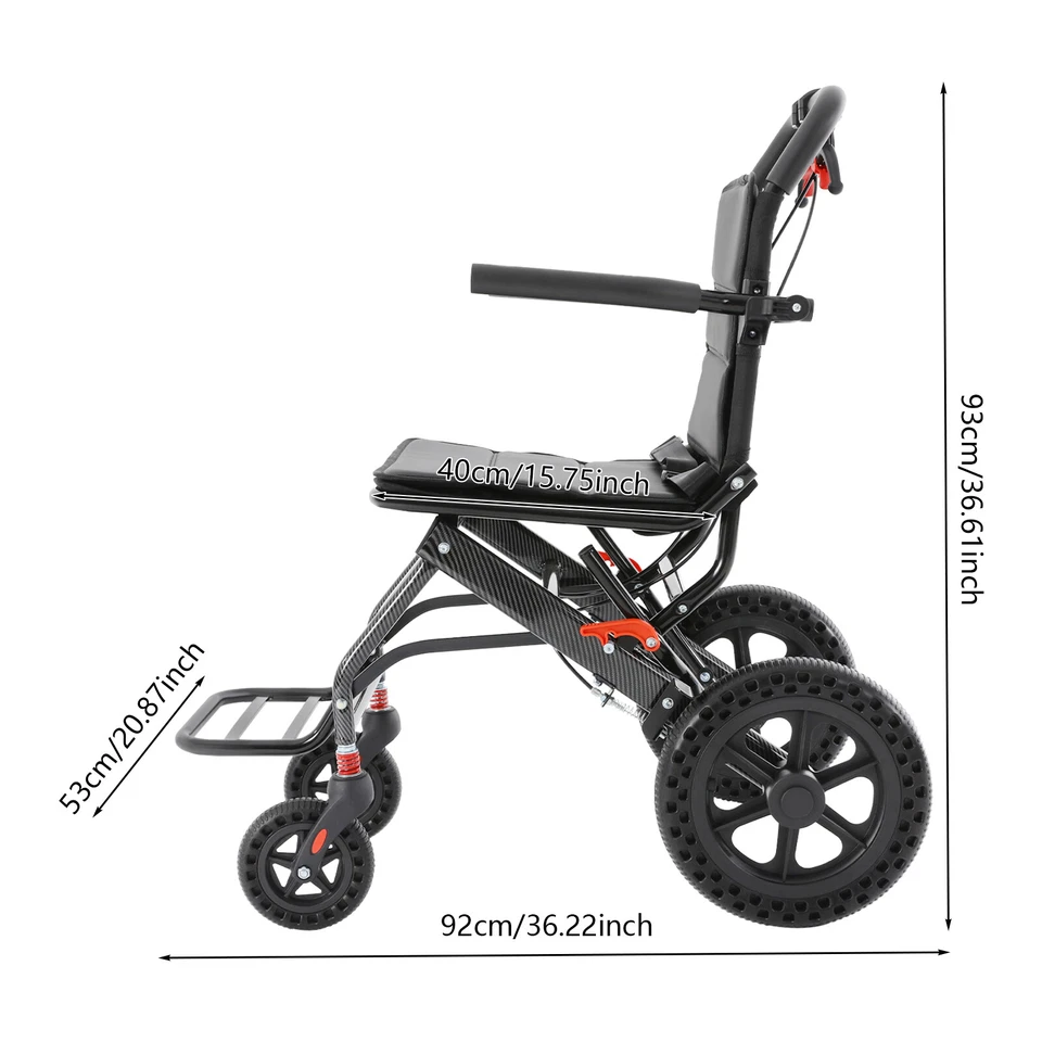 Silla de ruedas de viaje portátil negra plegable silla de ruedas de transporte con bolsa de almacenamiento Foto 3 de 4