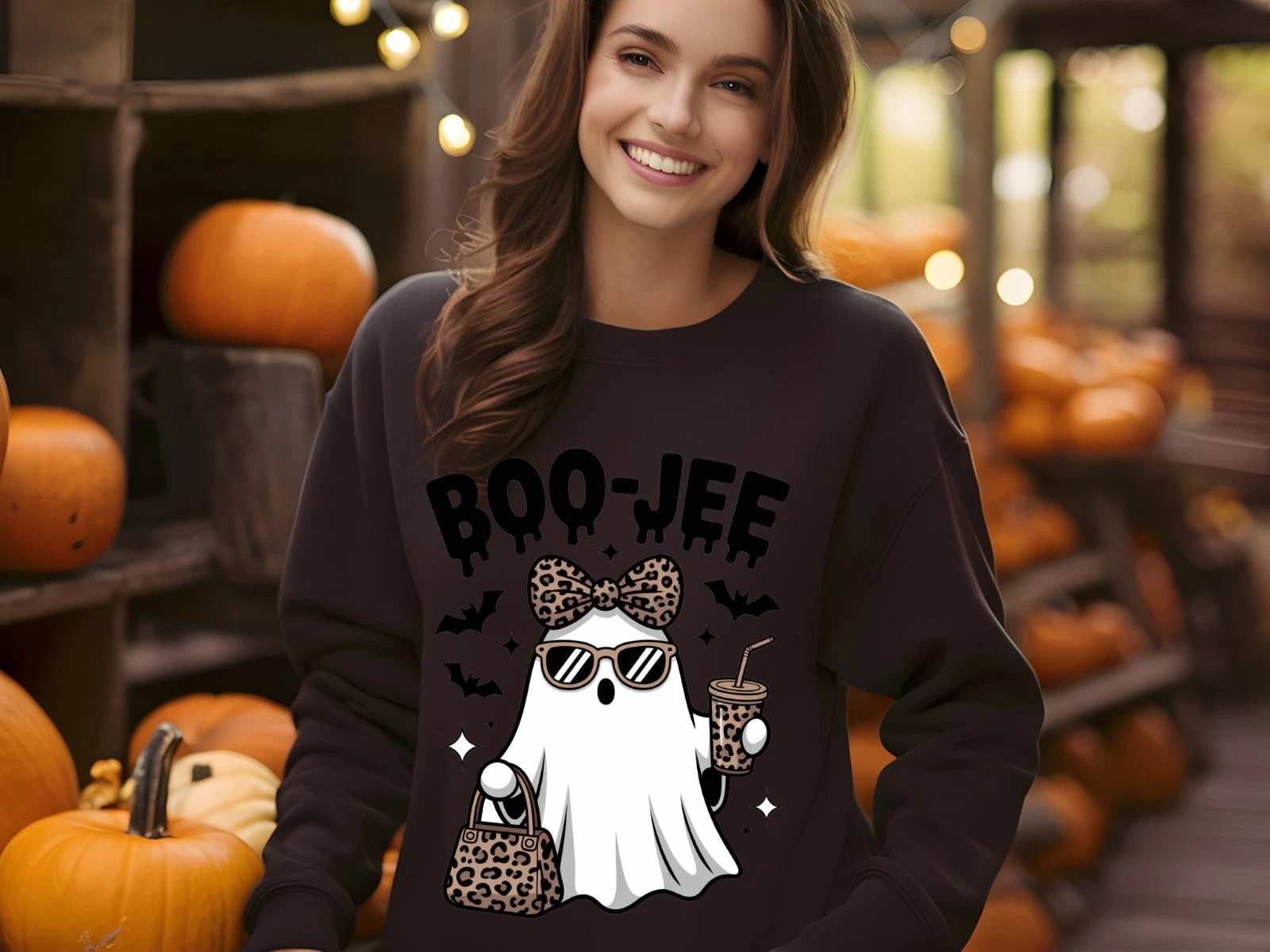 Boo-Jee Ghost Sweatshirt Leopard Print Cute Funny Fall Spooky Womens Gift