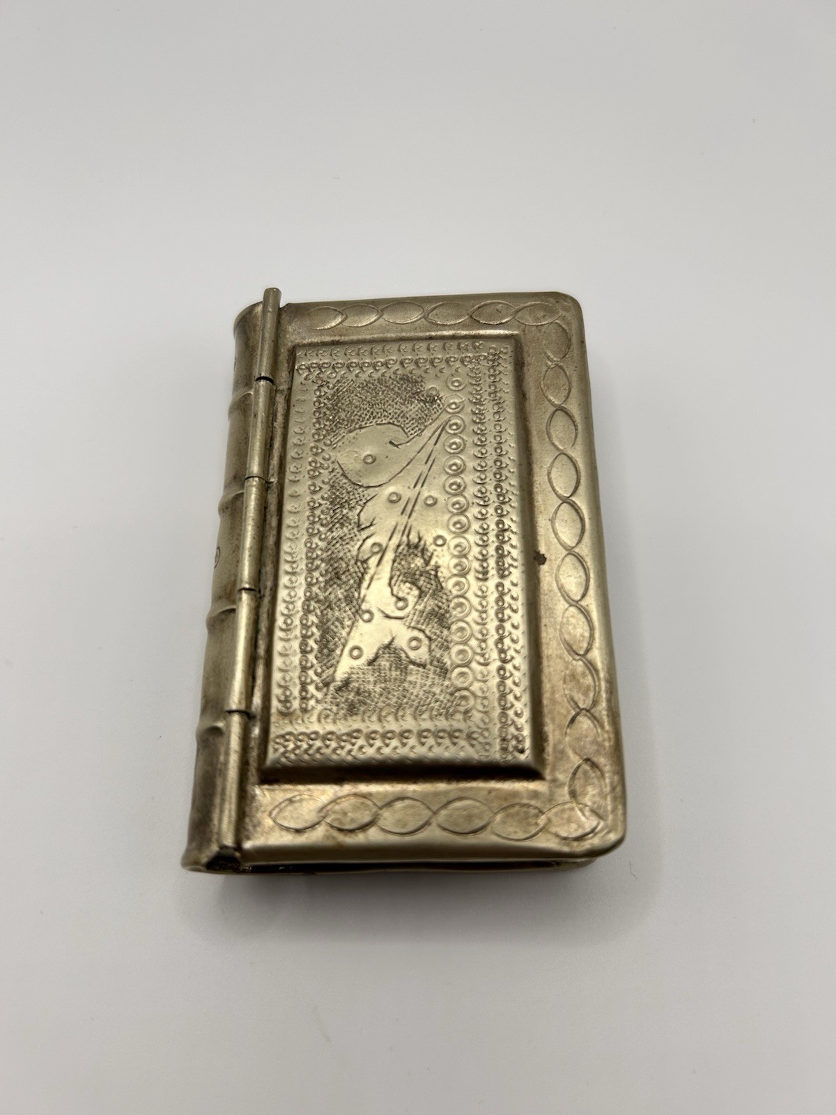 Vintage Pewter Book Shaped Snuff Box 1820-1910 Peacock Engraved Hinged  Case