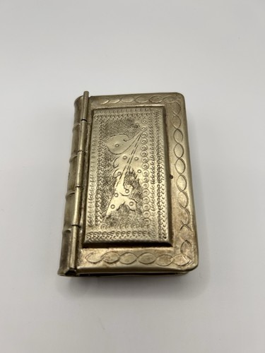 Vintage Book Shaped Snuff Box 1800’s Peacock Engraved Hinged Case