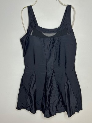 Women's Black Mesh one piece swimsuit cut out back skirted boy short