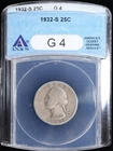 1932-S 25C Silver Washington Quarter ANACS G4