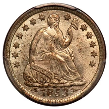 1853 H10C Arrows Liberty Seated Half Dime PCGS AU58 (CAC)