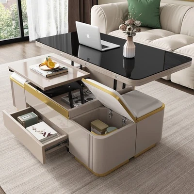 Lift Top Coffee Table with Storage Drawers & Stools Modern Living Room Desk - Image 1 of 4